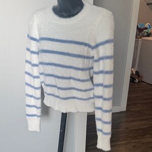 Bailey 44 Fuzzy White and Blue Striped Sweater